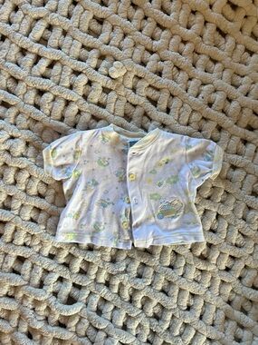 Baby Short-Sleeve Snap Front Top in White with Pastel Prints and bear embroidery